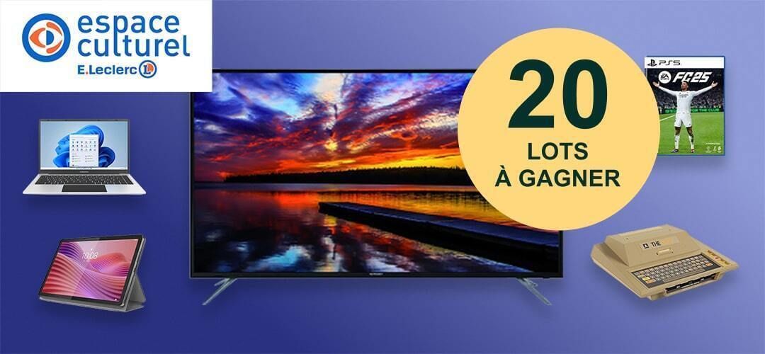Logo Espace culturel E.Leclerc, 20 lots à gagner. Présentation d'une TV,  jeu PS5 FC25, une tablette, un ordinateur portable et console rétro.