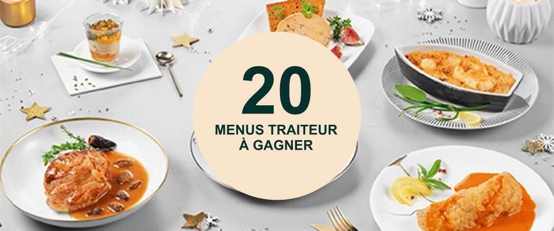 Présentation d'une table de fête avec des plats de la carte traiteur. 20 menus traiteur à gagner.