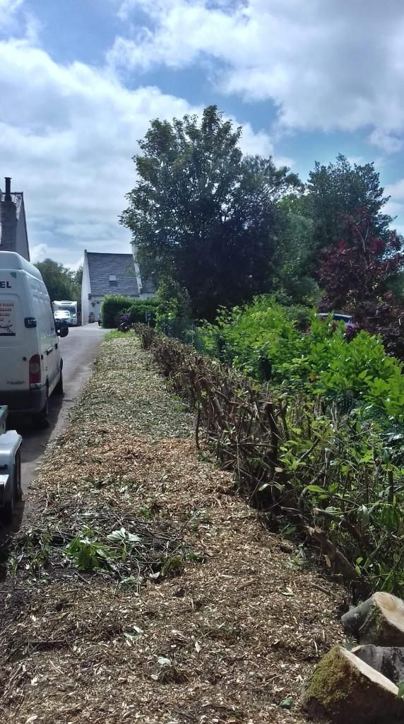 Une camionnette blanche garée au bord d'un chemin de gravier bordé de haies et d'arbres, sous un ciel partiellement nuageux.