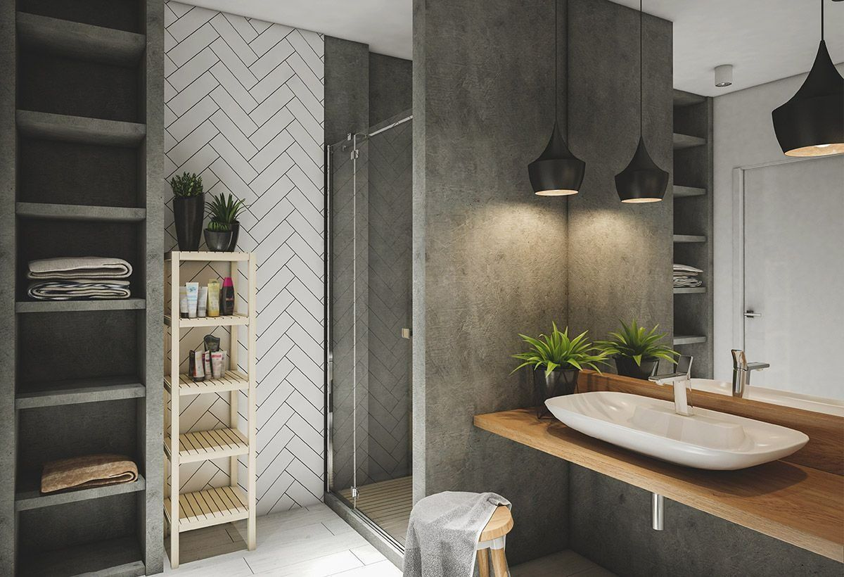 Salle de bains moderne avec étagères foncées, carrelage mural à motifs et meuble-lavabo en bois avec vasque.