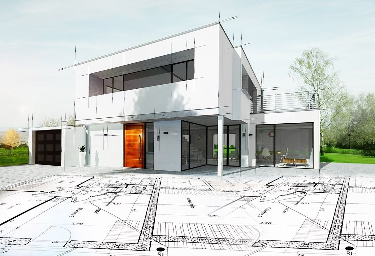 Maison moderne blanche de deux étages avec de grandes fenêtres et un plan de situation schématique au premier plan