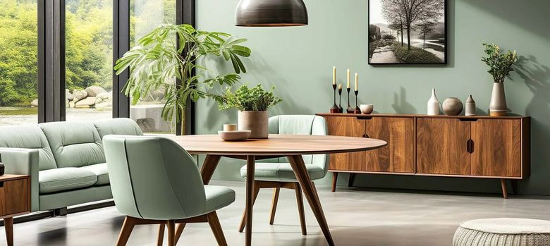 Salon moderne avec canapé vert menthe, table ronde en bois, buffet en bois, plantes et tableaux encadrés