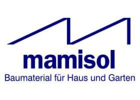 Logo for mamisol, a building material supplier. Features blue angular shape above the word