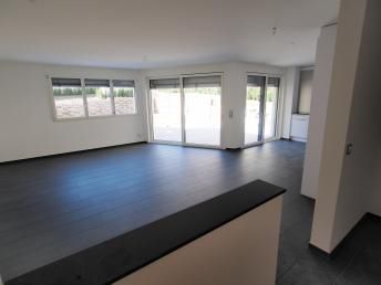 Leeres Wohnzimmer mit dunklem Boden, weissen Wänden und Glasschiebetüren.