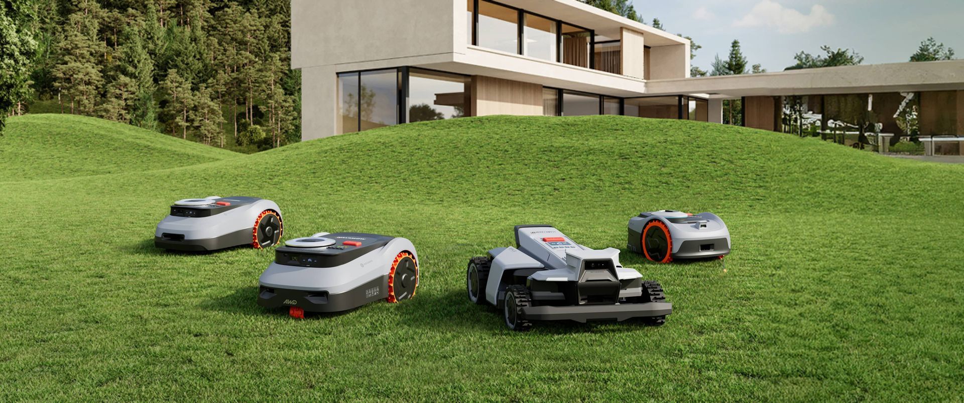 Tracteur miniature bleu, rouge et blanc avec de gros pneus noirs sur un sol en béton près d'un mur.