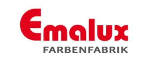 Ein rot-weißes Logo für die emalux farbenfabrik