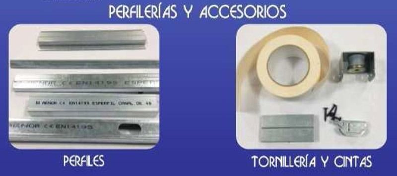 Un fondo azul con perfiles y accesorios escritos en él.