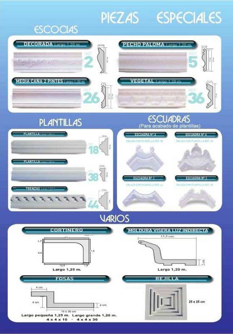 Un folleto para piezas especiales muestra diferentes tipos de molduras.