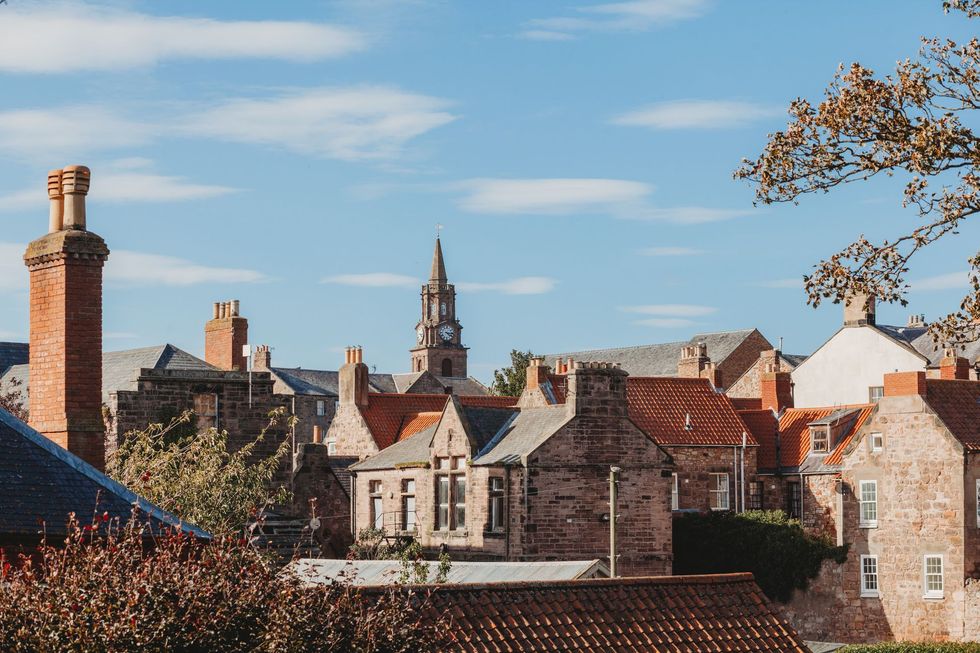 view from Berwick upon Tweeds Elizabethan fortifications over buildings towards the Town Hall