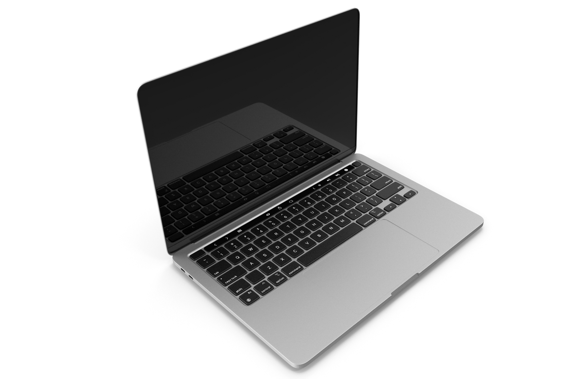 Ordinateur portable argenté avec écran noir et clavier sur une surface blanche.