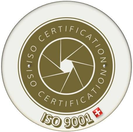 Insigne de certification ISO 14001 avec un sceau circulaire doré sur fond blanc