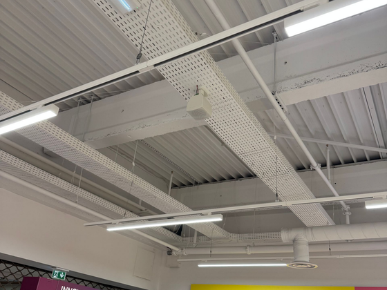 Plafond du magasin avec poutres blanches et installation de sonorisation professionnelle.