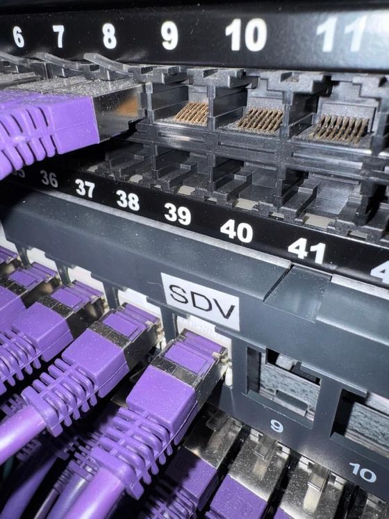 Commutateur réseau avec câbles Ethernet violets branchés sur des ports numérotés.