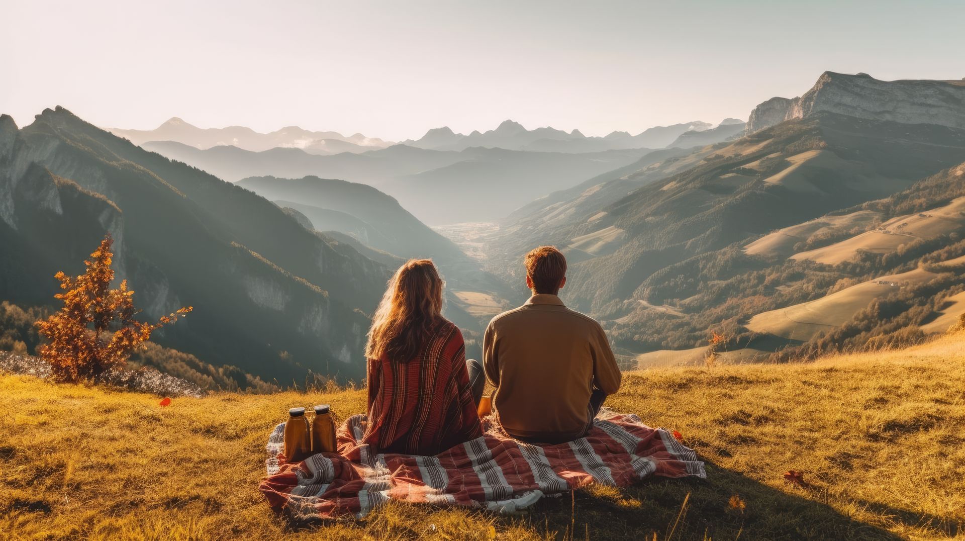 Jeune couple amoureux faisant un pique-nique visitant les Dolomites
