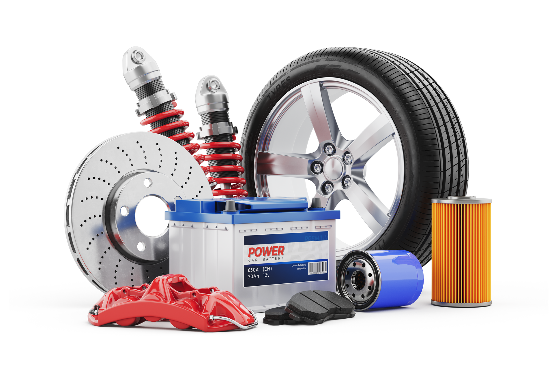 Pièces automobiles : disque de frein, pneu et jante, amortisseurs, batterie et filtres.