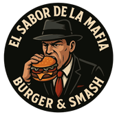 Logotipo: Hombre con sombrero y traje comiendo una hamburguesa, con el texto