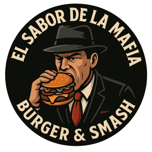 Logotipo: Hombre con sombrero y traje mordiendo una hamburguesa. Texto: