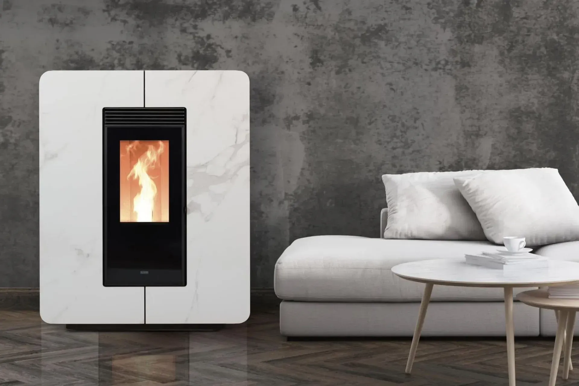 Poêle moderne design avec flamme visible dans un intérieur minimaliste, canapé clair et table basse en bois.