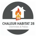 Logo maison avec flamme orange et texte Chaleur Habitat 28 .