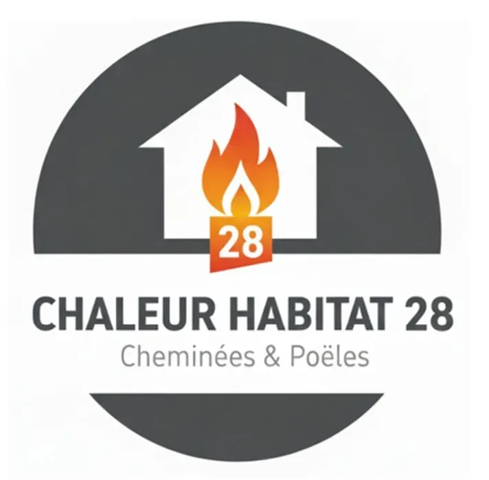 Logo maison avec flamme orange et texte Chaleur Habitat 28 .