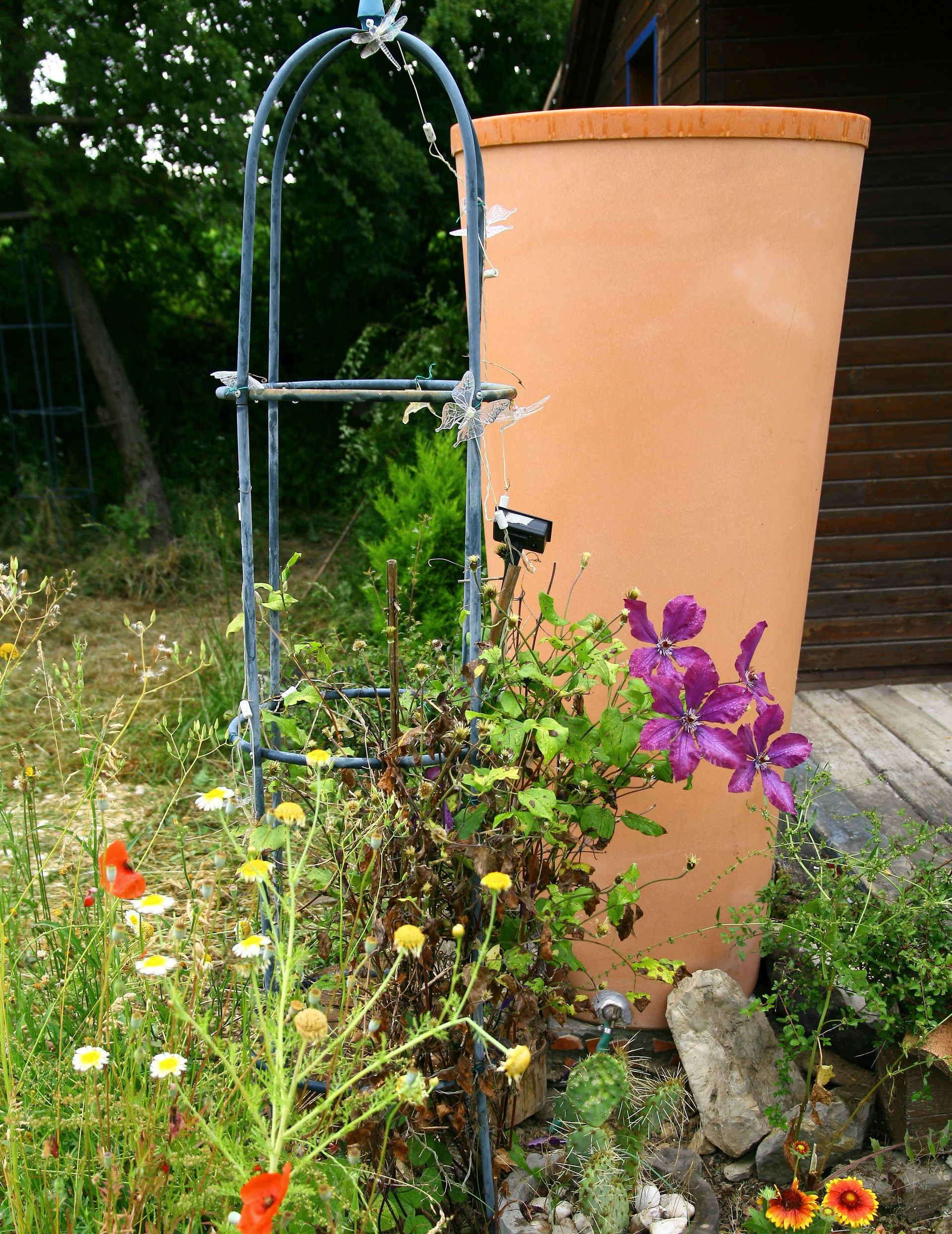 Des fleurs devant un réservoir d'eau