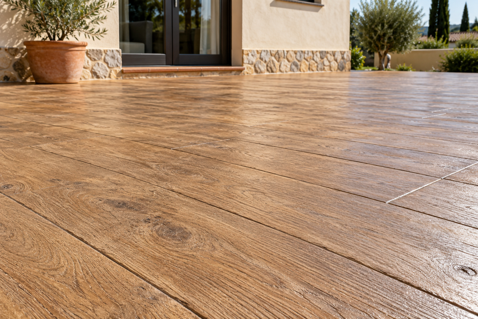 Patio soleado con suelo de hormigón impreso efecto madera, una entrada a la casa
