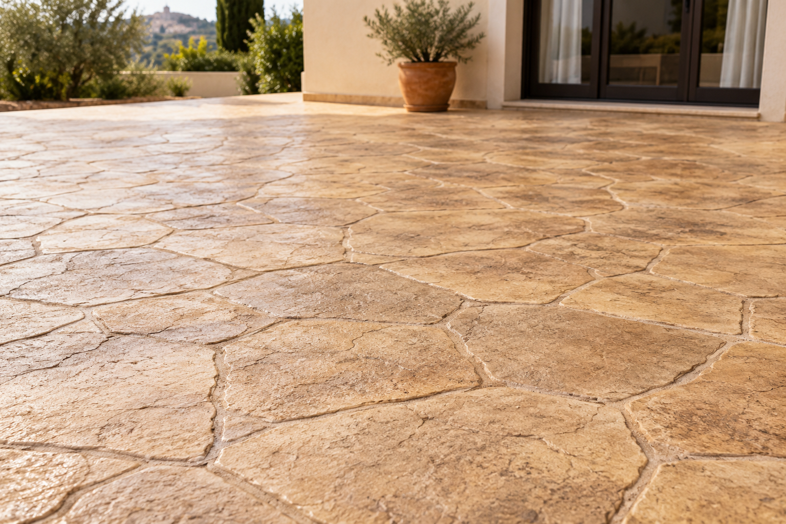 Patio de hormigón impreso con acabado de piedra junto a una casa moderna, con plantas en macetas y un jardín