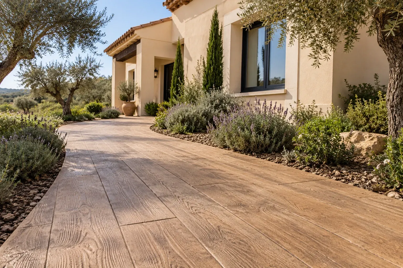 Caminos y aceras de hormigón impreso efecto madera
