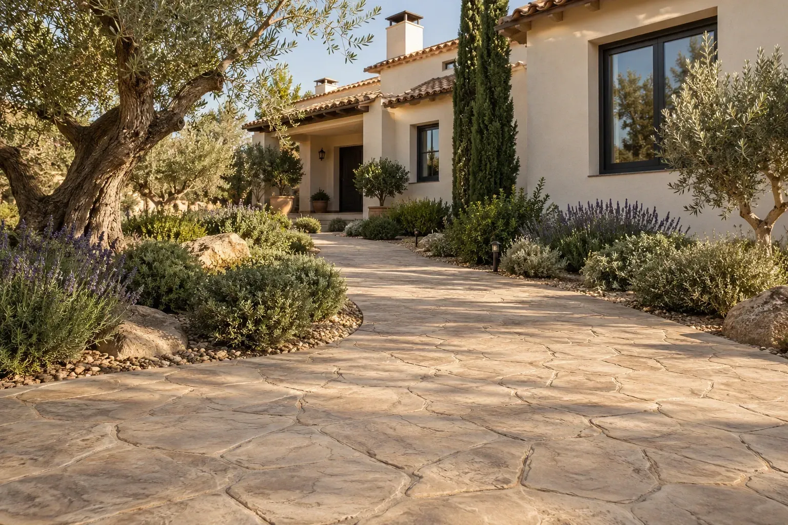Caminos y aceras de hormigón impreso con acabado de piedra
