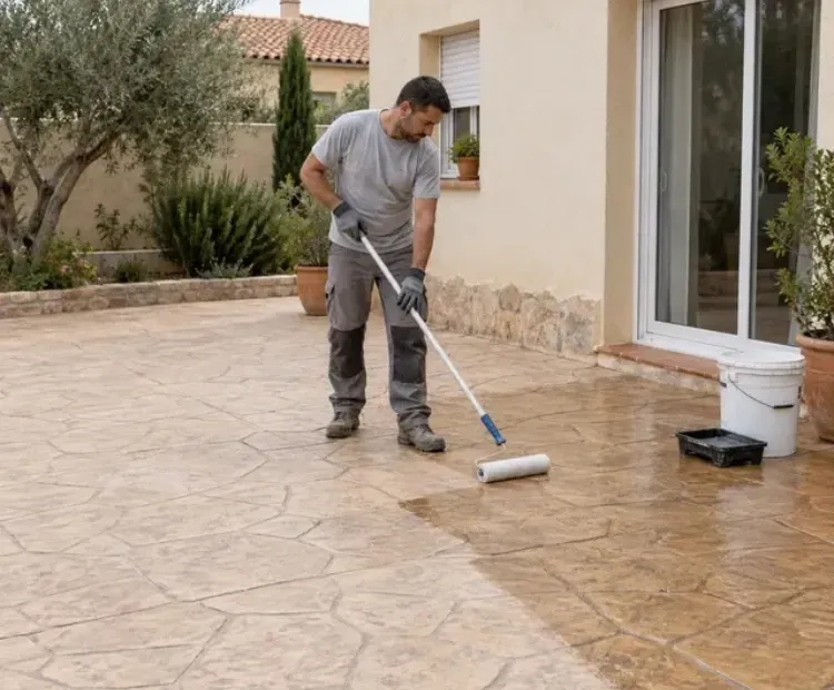 Una persona usa un rodillo para limpiar un patio de suelo de hormigón impreso