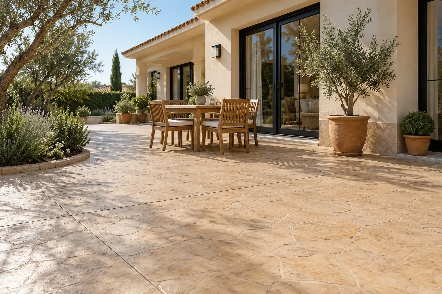 Patio de hormigón impreso color tostado con grandes losas estampadas
