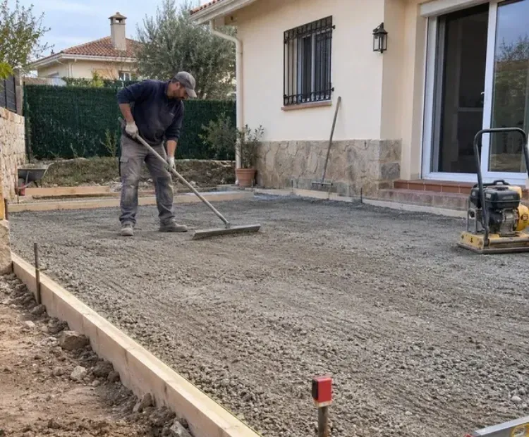 Trabajadores vertiendo hormigón fresco sobre una base de varillas de refuerzo en una obra de construcción de una casa