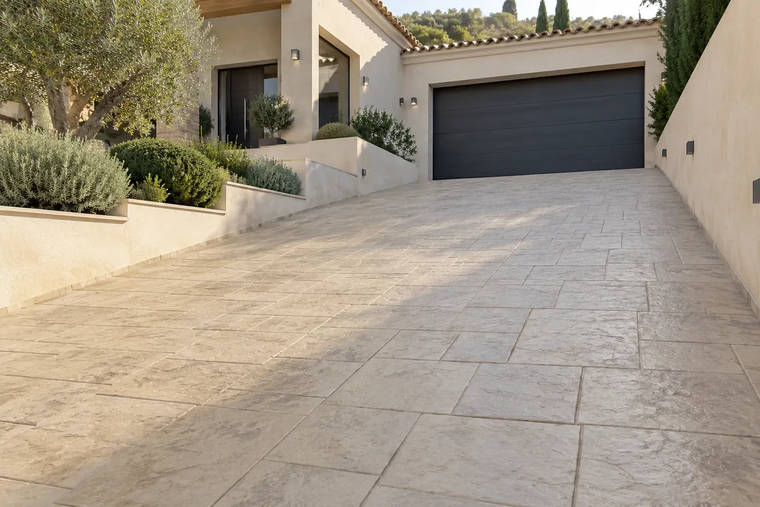 Rampa de garaje de Hormigón impreso con acabado baldosa 