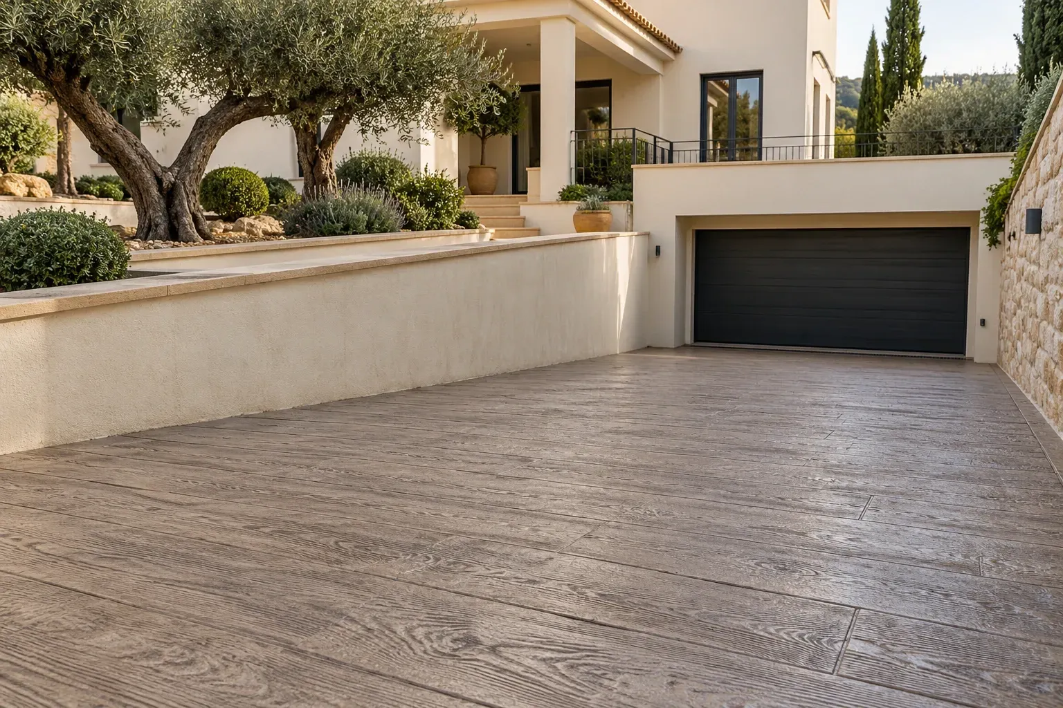Rampa de garaje de hormigón impreso efecto madera