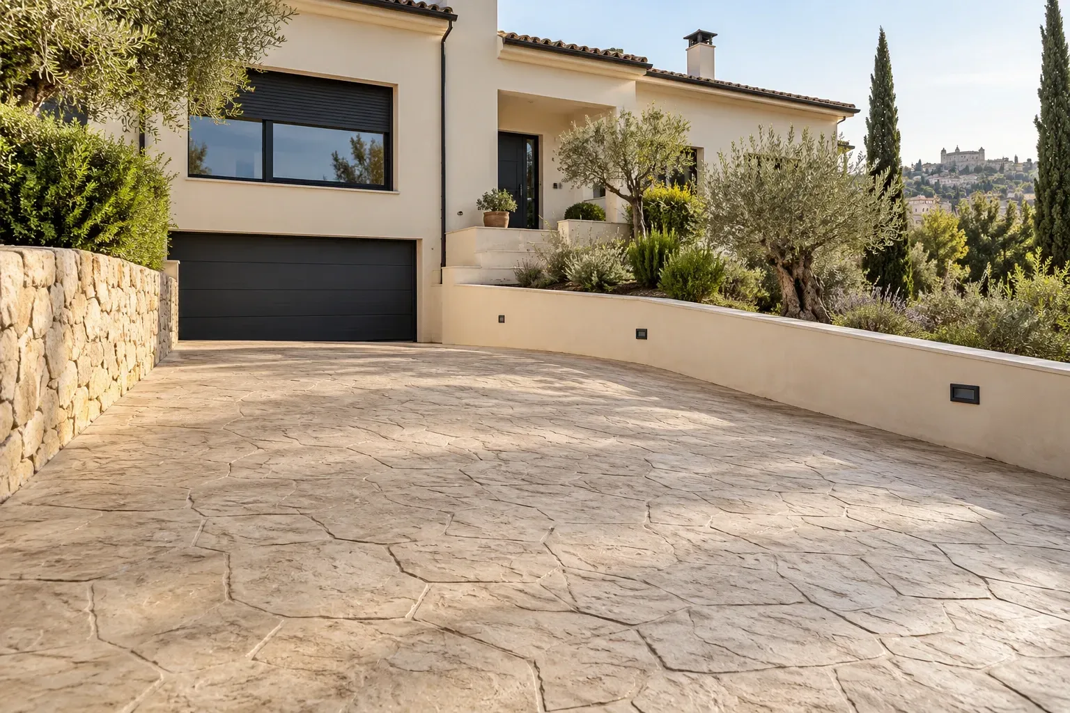 Rampa de garaje de hormigón impreso con acabado de piedra