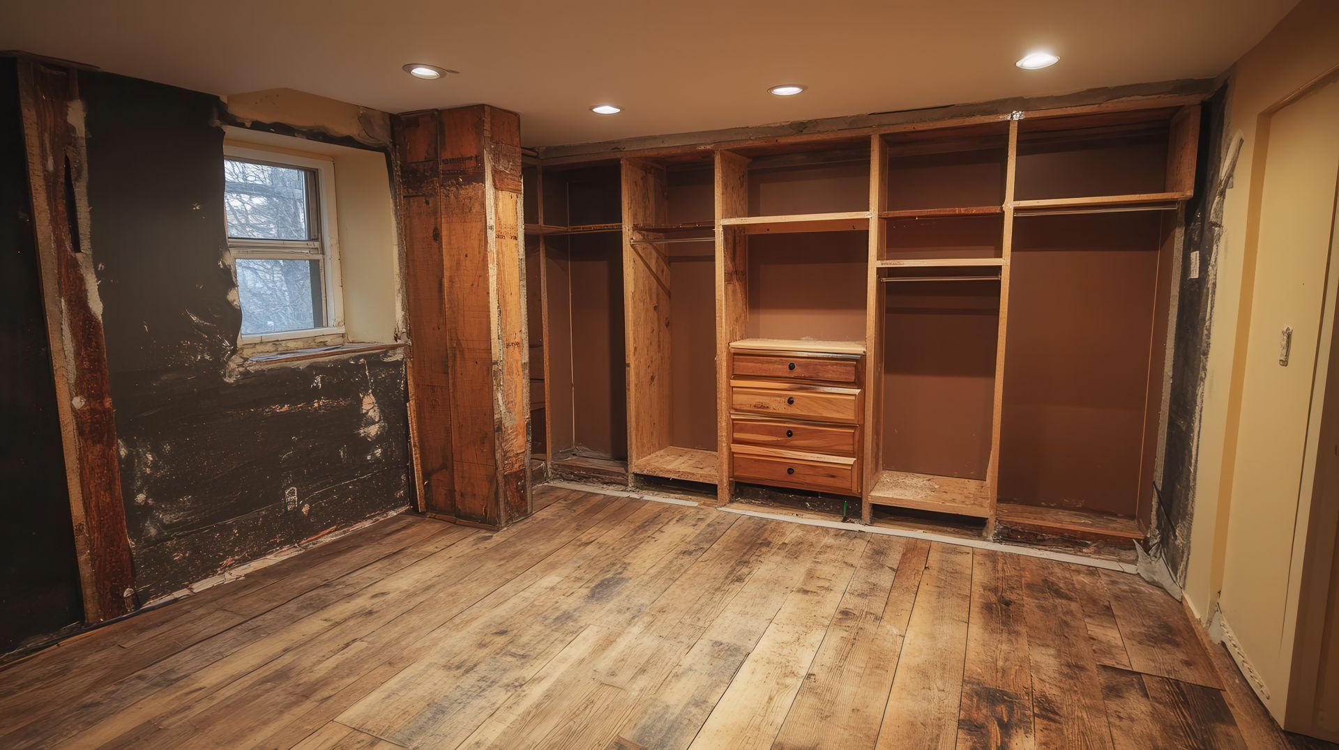 Ein unfertiger Schrank mit Holzregalen und Schubladen. Der Raum hat Hartholzböden und ein kleines Fenster.