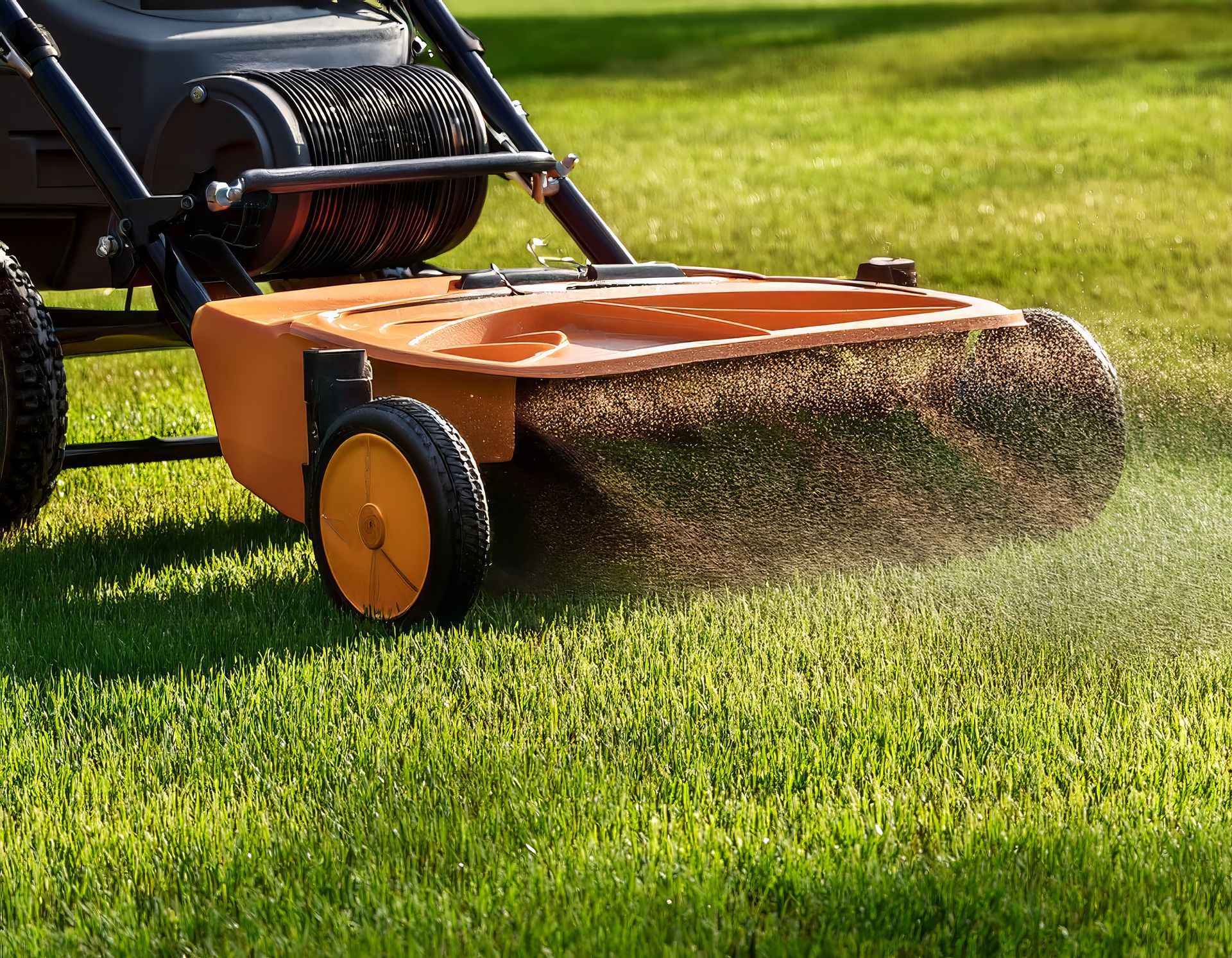 Rasenkehrmaschine fährt über einen grünen Rasen und verteilt Abfall. Orangefarbene Maschine mit schwarzen Komponenten in sonniger Umgebung.