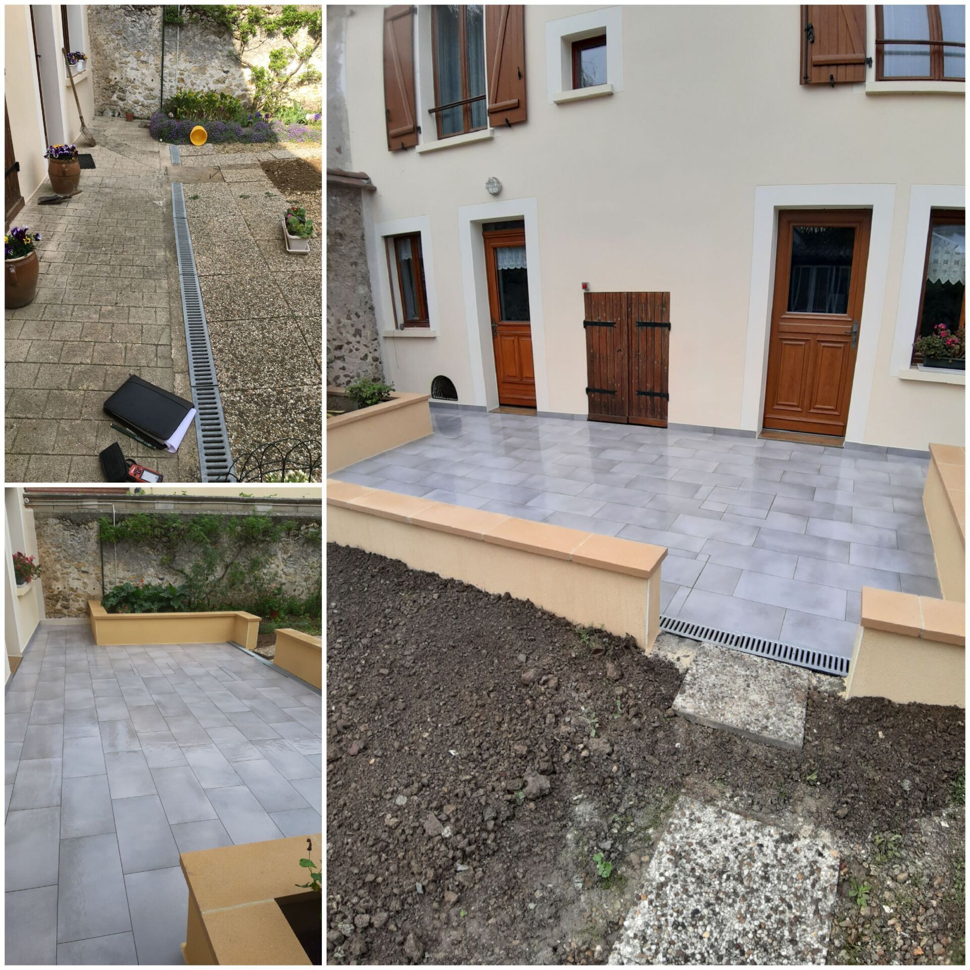 Montage de trois photos sur la création d'un muret et la pose de carrelage sur une terrasse
