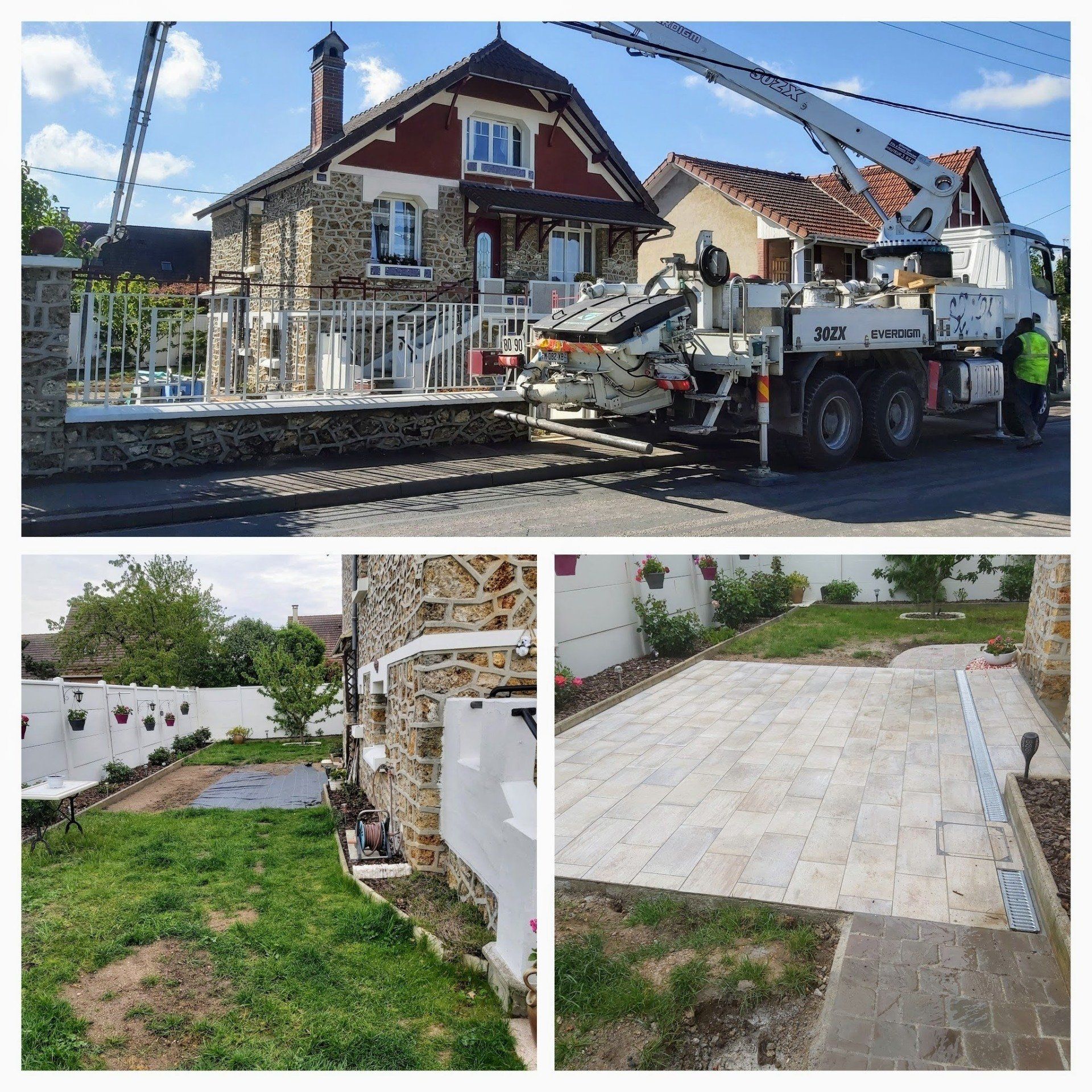 Montage de trois photos sur la création d'une terrasse en carrelage 