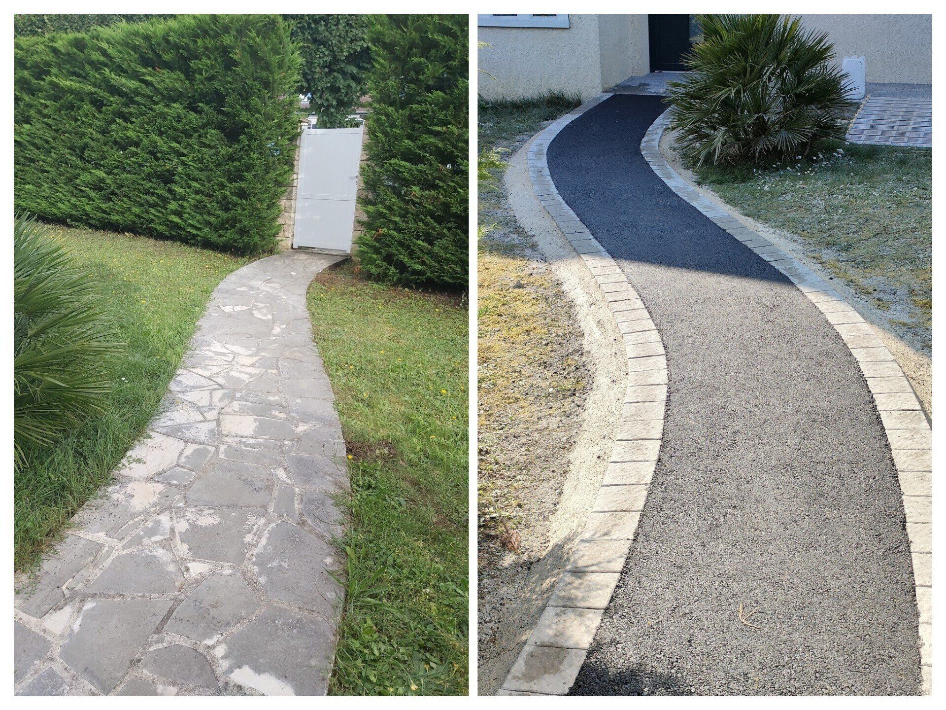 Allée de jardin avant /après la pose d'un enrobé et de pavés