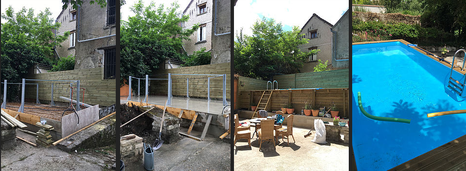 Montage de quatre photos sur l'aménagement d'une piscine hors sol, création de dalle et montage