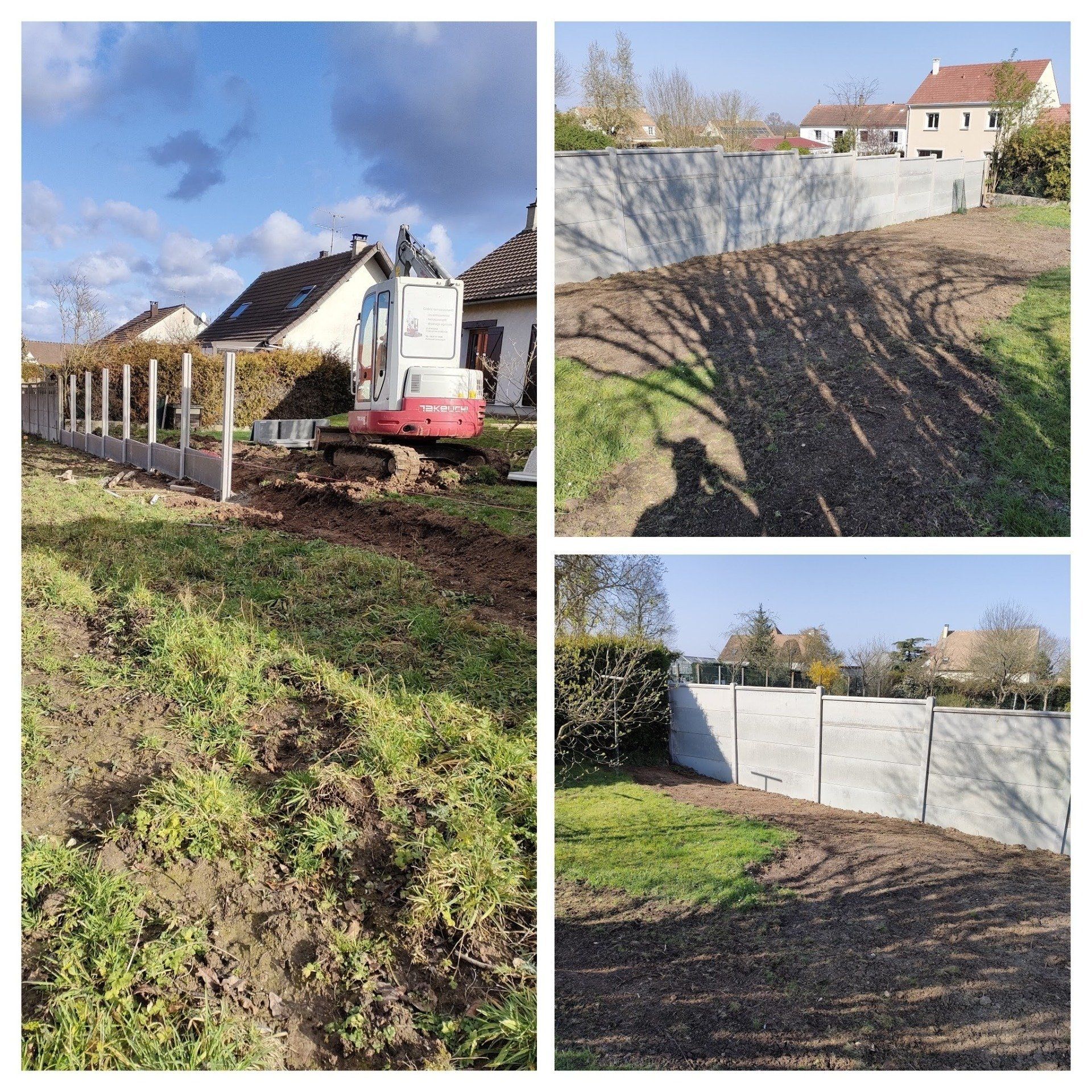 Montage de trois photos sur le terrassement d'un terrain et la construction d'un mur d'enceinte