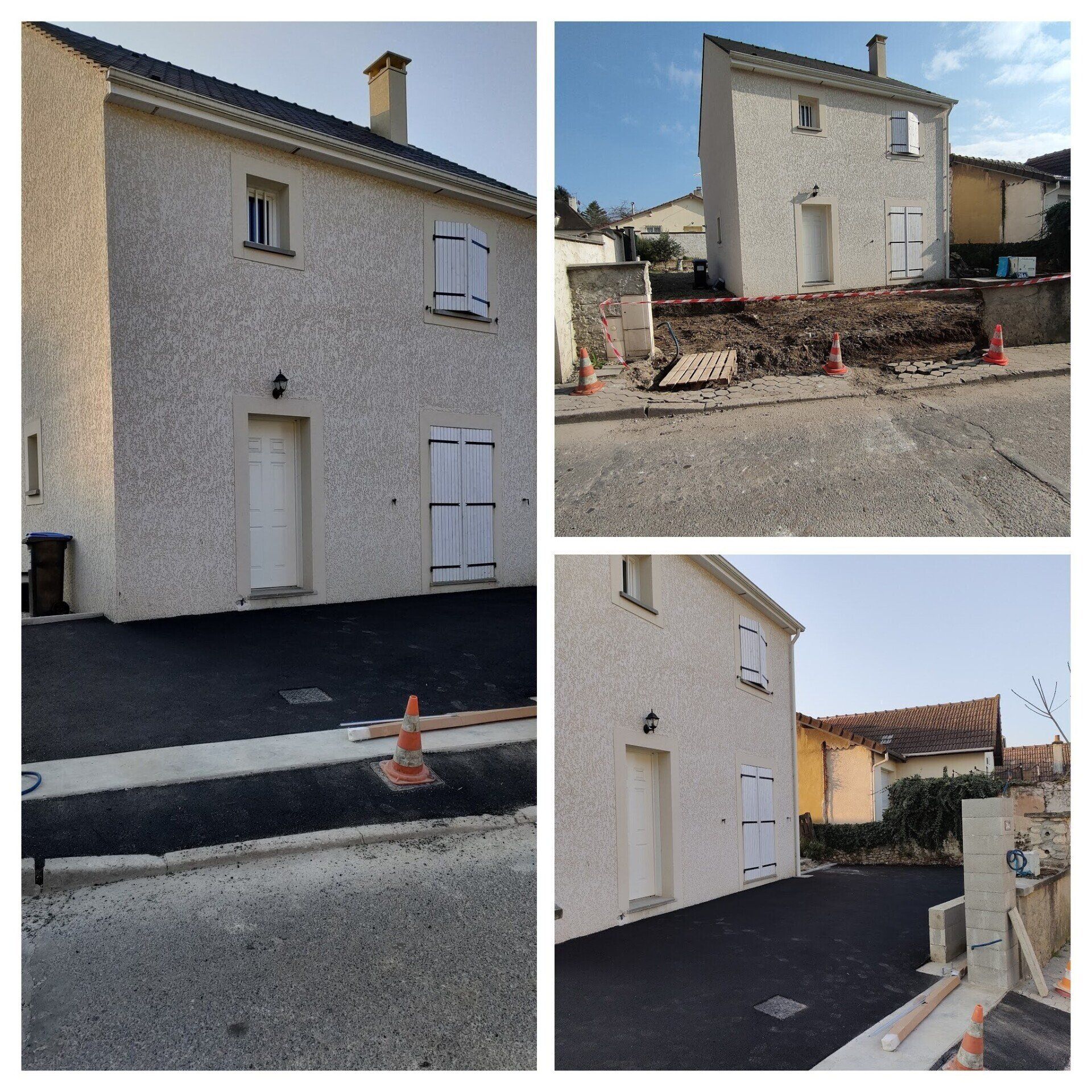 Montage de trois photos sur le réalisation d'une aire de parking en enrobé