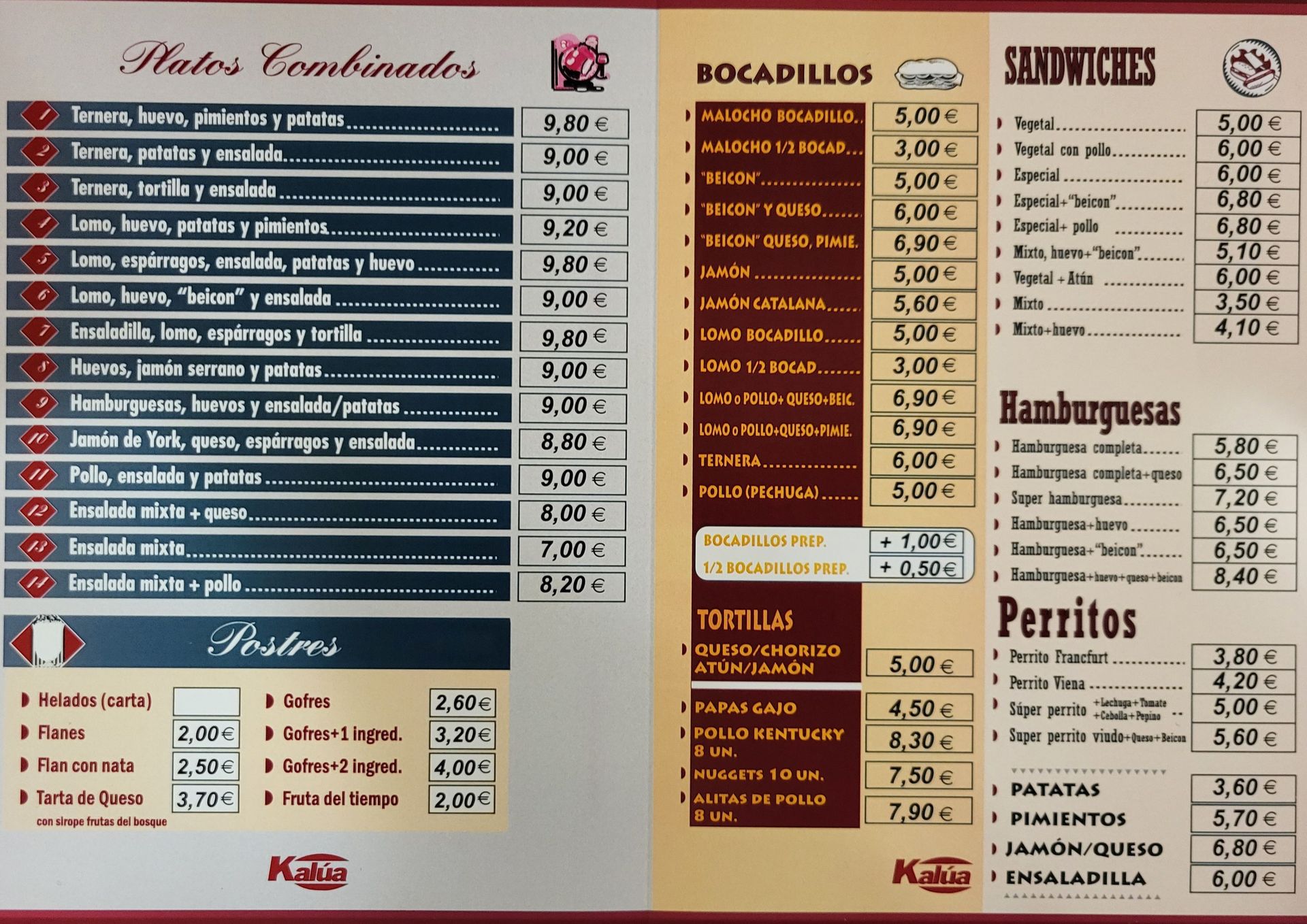 Un menú de un restaurante muestra una variedad de alimentos.