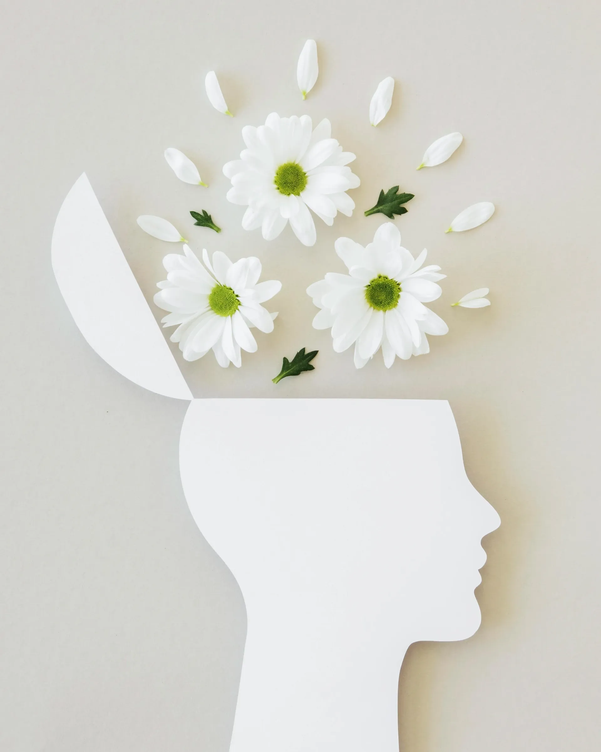 Silueta de cabeza blanca con la parte superior abierta y margaritas que brotan del área del cerebro sobre un fondo beige.