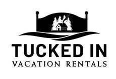Logo for Tucked In Vacation Rentals: A cabin scene within a bed frame, with the words 