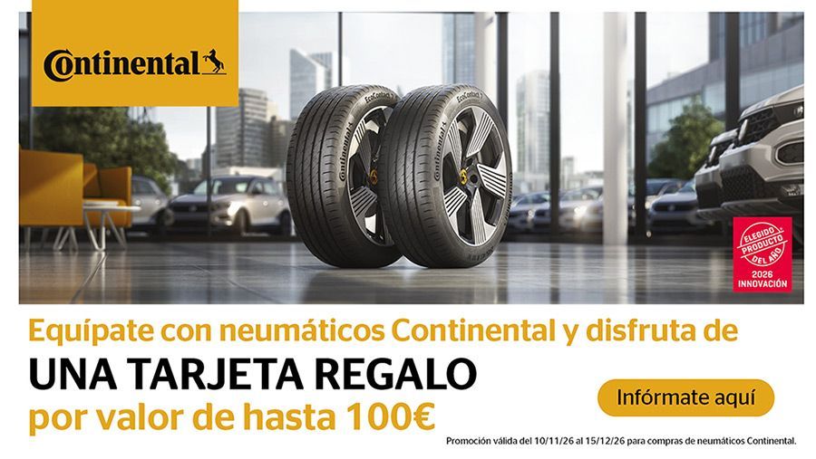 Anuncio de Continental con neumáticos y el texto «tarjeta regalo por valor de hasta 100 €»