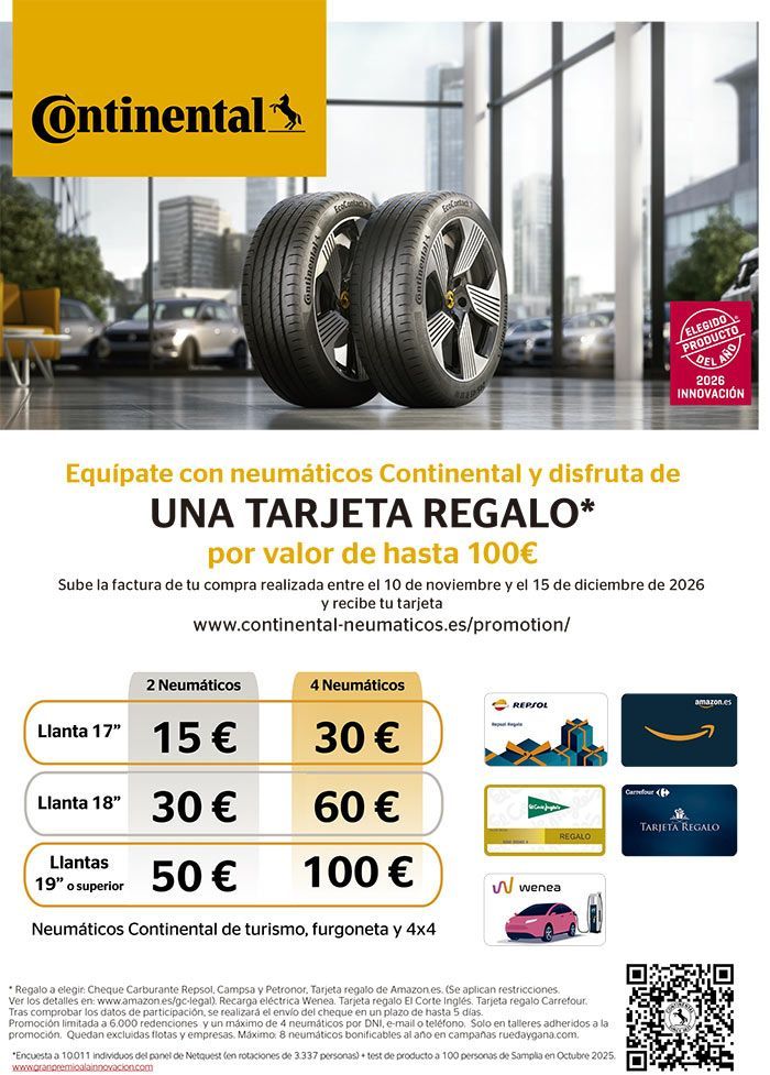 Cartel promocional de neumáticos Continental con un coche y unas ruedas. Ofrece una tarjeta regalo de hasta 100 € por compras.