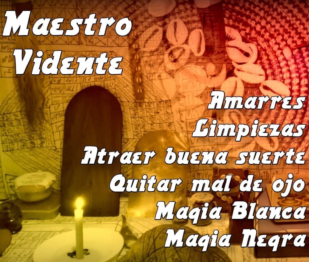Texto promocional de hechicería con vela, manojo de amuletos y fondo dorado