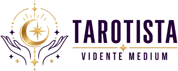 Logotipo con manos doradas e icono de estrella junto al texto morado “TAROTISTA” y “VIDENTE MEDIUM” sobre fondo blanco.